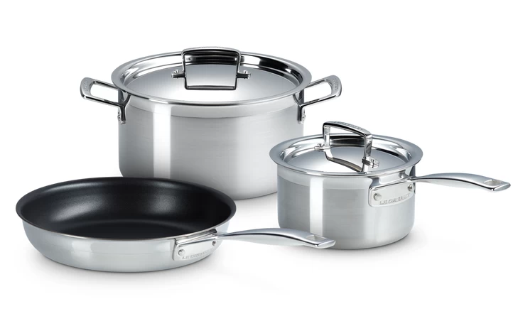 Le Creuset 3- Delige Pannenset 3-ply - RVS - Inductie - Koekenpan, Kookpan & Steelpan - Inclusief 2 Deksels 1 Le Creuset 3- Delige Pannenset 3-ply - RVS - Inductie - Koekenpan, Kookpan & Steelpan - Inclusief 2 Deksels