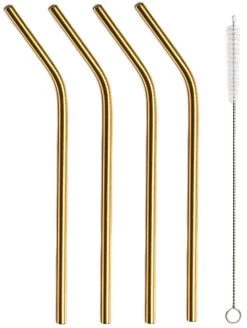 Sareva Herbruikbare Rietjes - Met Borstel - Goud - Gebogen - 4 Stuks -Keukenbenodigdheden Winkel Sareva Rietjes gebogen goud 1