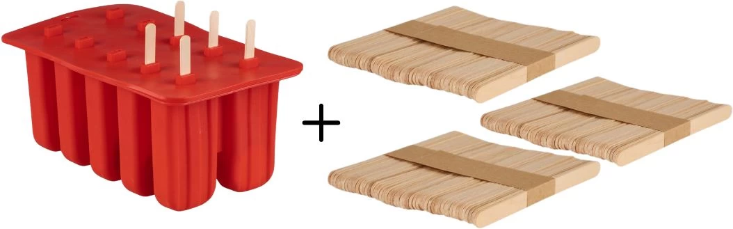 Sareva IJsjesmaker Voor 10 Ijsjes - Rood - Siliconen + 150 Houten IJsstokjes 1 Sareva IJsjesmaker Voor 10 Ijsjes - Rood - Siliconen + 150 Houten IJsstokjes